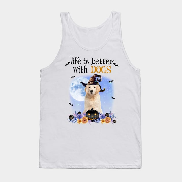 Golden Retriever Witch Hat Life Is Better With Dogs Halloween Tank Top by Marcelo Nimtz